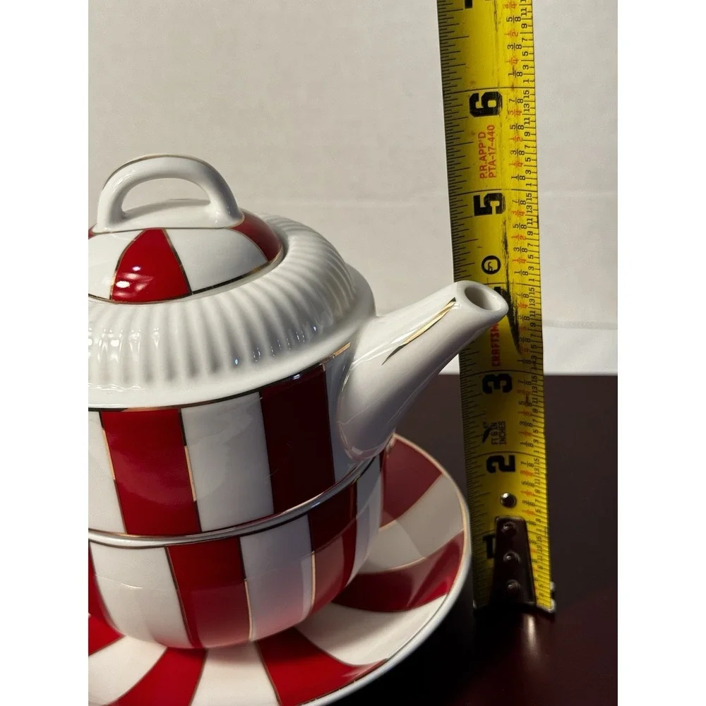 Grace Teaware Red Striped Tea for One' Set w/ Gold Accents New